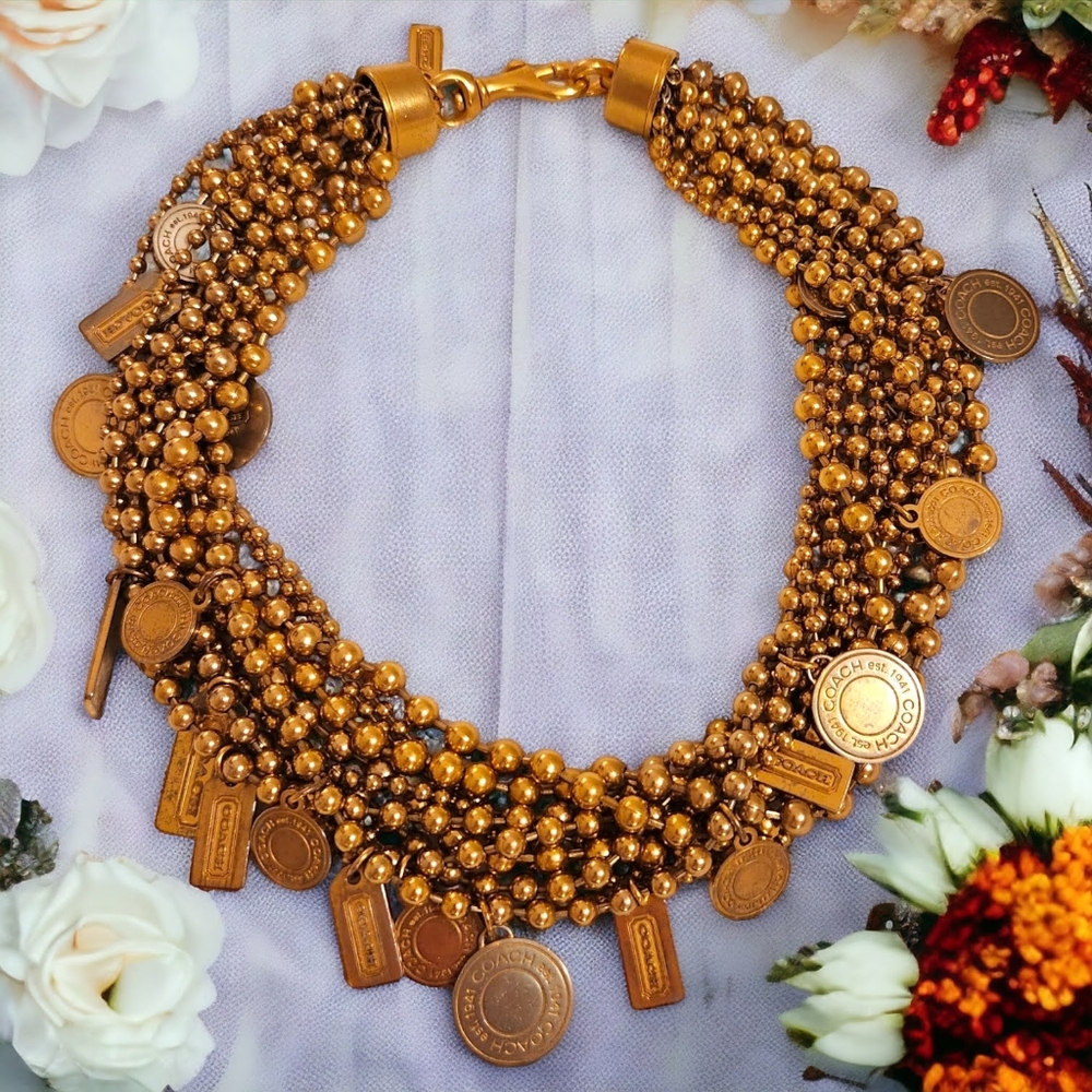 Rare Vintage COACH Brass/Goldtone Heavy Metal Multi Bead Chain Choker Necklace
